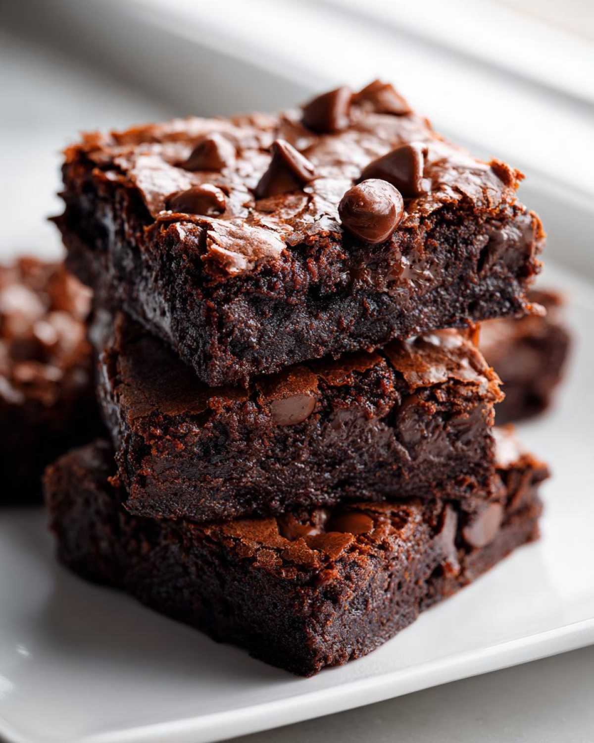 Close-up of a stack of three fudgy black bean brownies topped with chocolate chips.