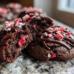 Close-up of a fudgy chocolate peppermint cookie broken in half, drizzled with chocolate and topped with crushed candy canes.