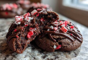 Close-up of a fudgy chocolate peppermint cookie broken in half, drizzled with chocolate and topped with crushed candy canes.