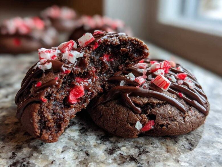 Close-up of a fudgy chocolate peppermint cookie broken in half, drizzled with chocolate and topped with crushed candy canes.