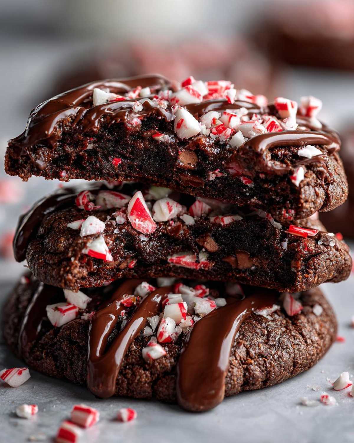 A stack of three fudgy chocolate peppermint cookies, drizzled with chocolate ganache and topped with crushed candy canes.