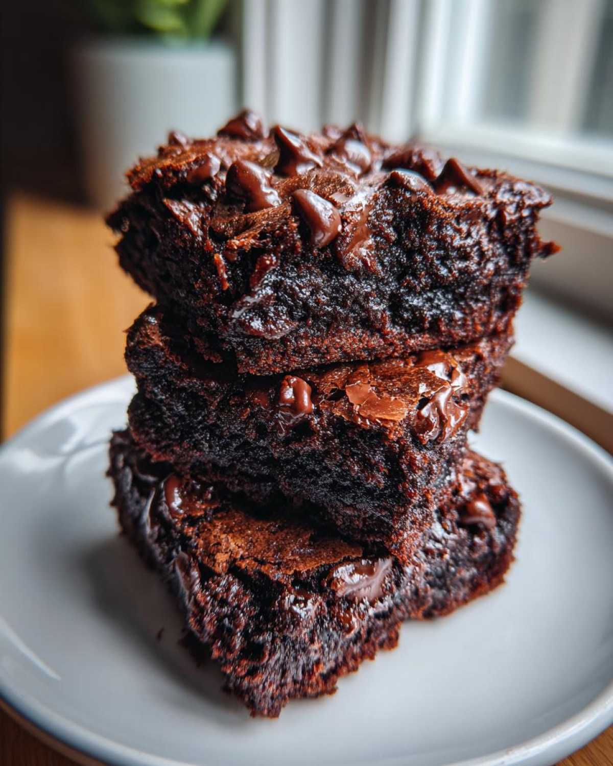A stack of three fudgy sweet potato brownies topped generously with melted chocolate chips, resting on a white plate.