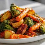 Close-up of perfectly caramelized Garlic Herb Roasted Veggies featuring potatoes, bright orange carrots, and green broccoli florets.
