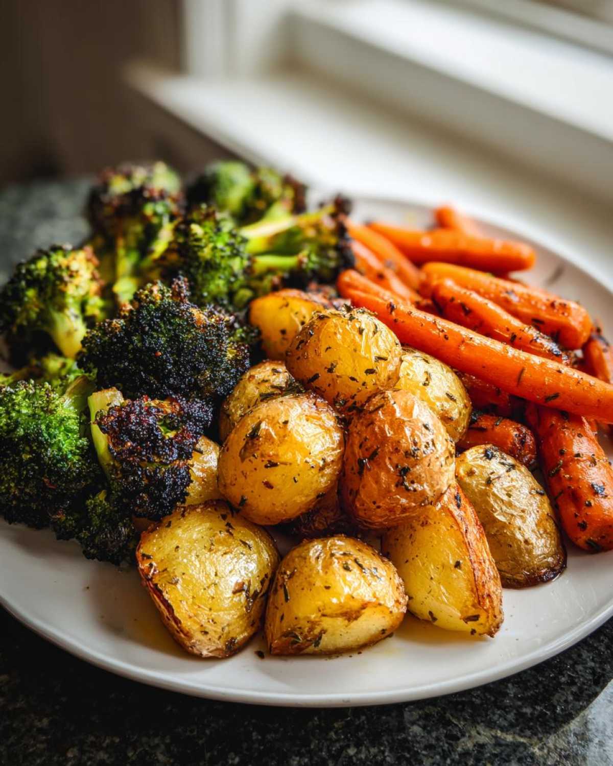 A plate of beautifully roasted Garlic Herb Roasted Veggies including potatoes, carrots, and charred broccoli florets.