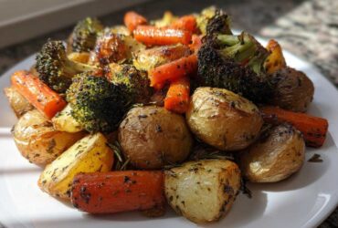 A close-up of perfectly caramelized Garlic Herb Roasted Veggies including potatoes, carrots, and charred broccoli.