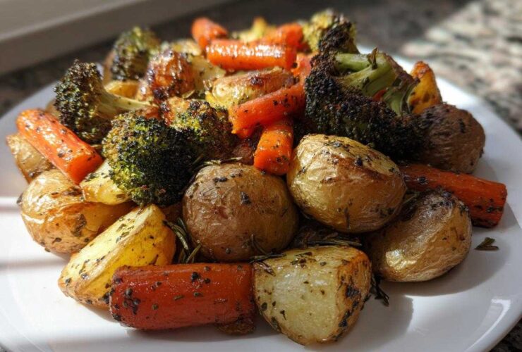 A close-up of perfectly caramelized Garlic Herb Roasted Veggies including potatoes, carrots, and charred broccoli.