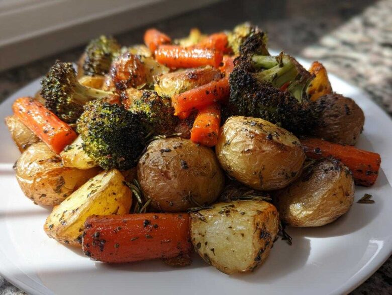 A close-up of perfectly caramelized Garlic Herb Roasted Veggies including potatoes, carrots, and charred broccoli.