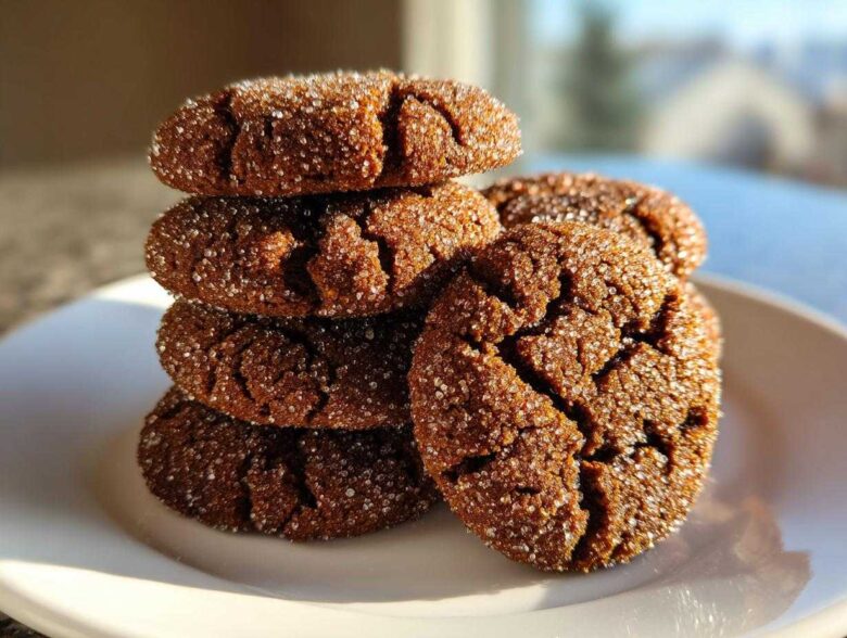 A stack of dark, crinkled gingersnap cookies coated heavily in sparkling sugar crystals on a white plate.