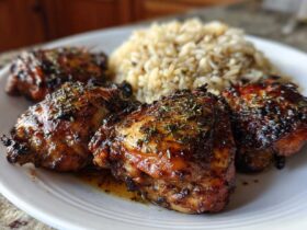 Four pieces of glazed jamaican jerk chicken thighs sprinkled with herbs, served next to a mound of rice on a white plate.