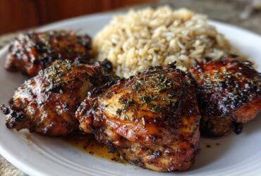 Four pieces of glazed jamaican jerk chicken thighs sprinkled with herbs, served next to a mound of rice on a white plate.