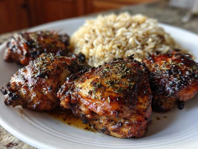 Four pieces of glazed jamaican jerk chicken thighs sprinkled with herbs, served next to a mound of rice on a white plate.