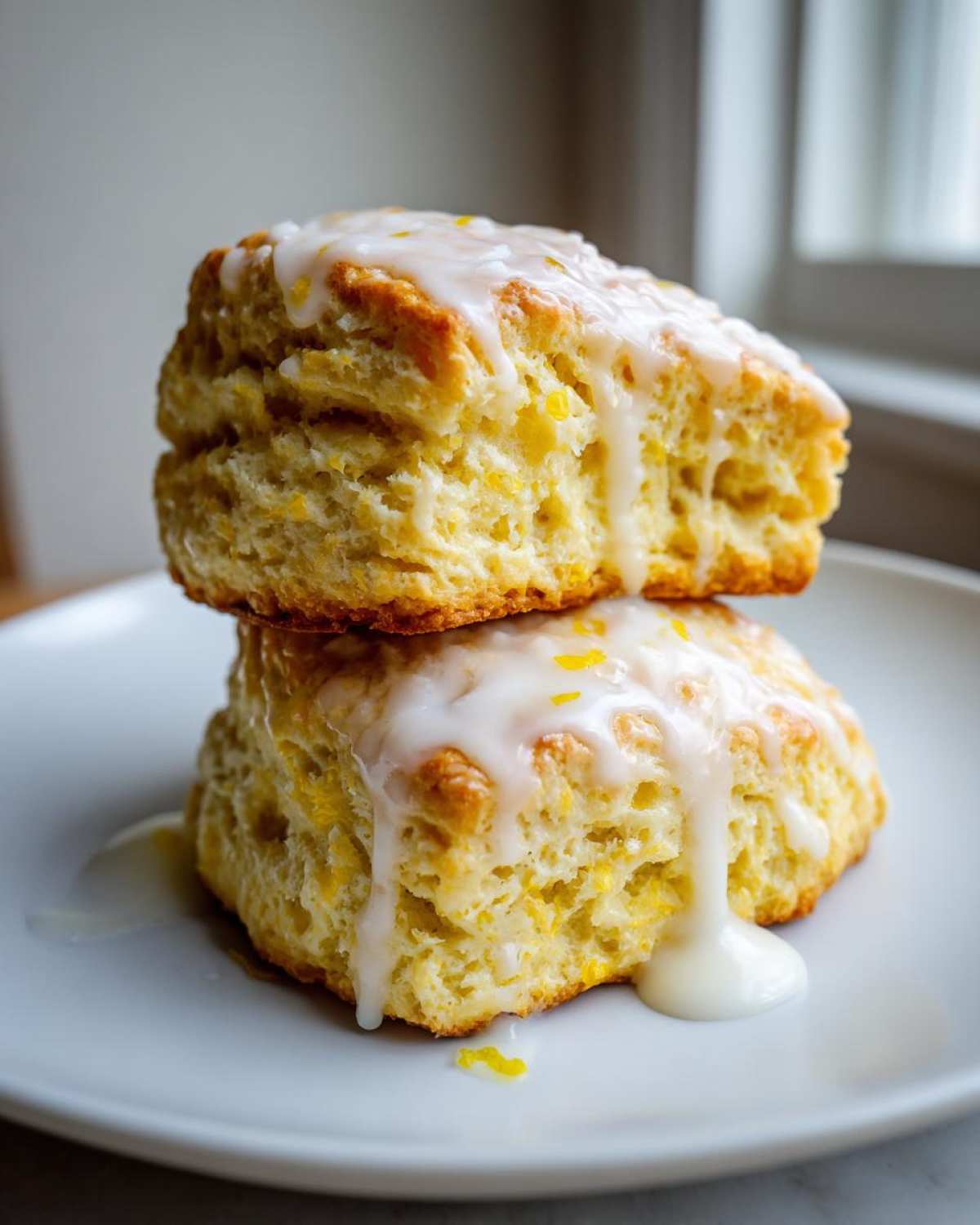 Two fluffy lemon scones stacked on a white plate, drizzled heavily with white lemon glaze and zest.