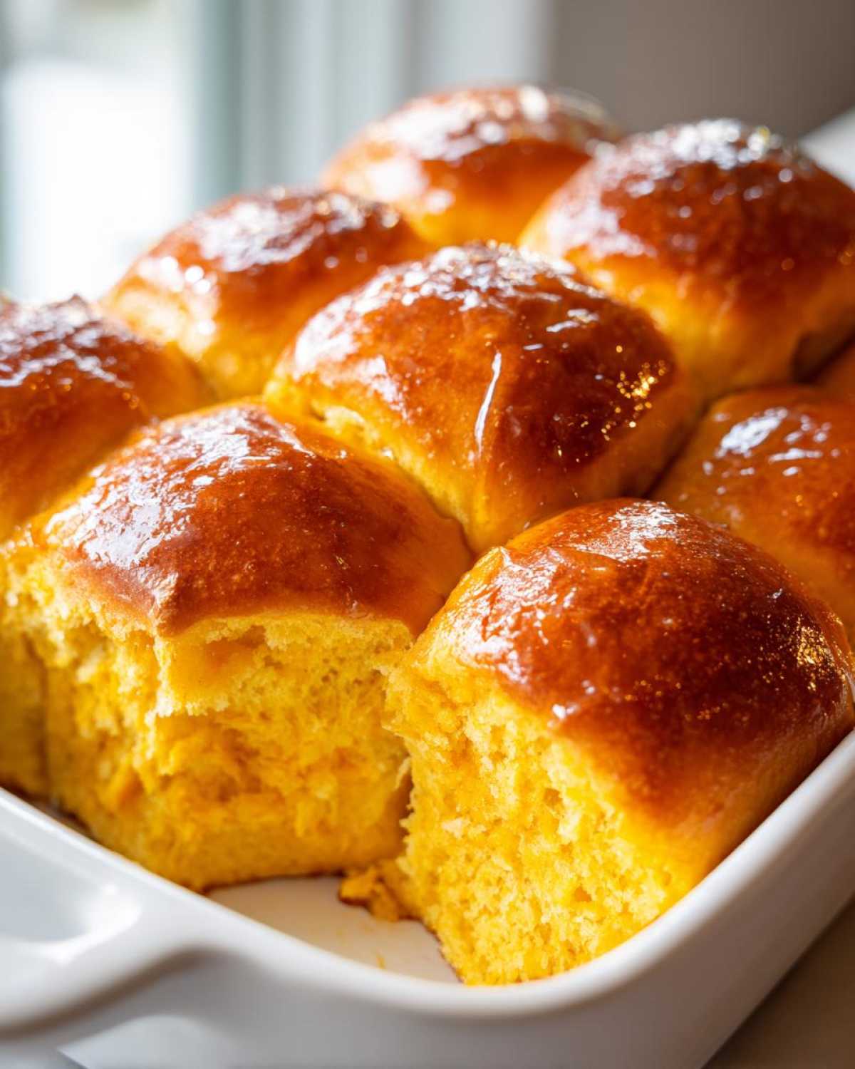 Close-up of golden brown, glazed sweet potato rolls with a vibrant orange interior, nestled in a white baking dish.