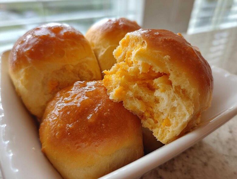 Close-up of three glazed sweet potato rolls, one torn open revealing the soft, orange interior.
