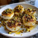 Four golden-seared goat cheese and honey bites topped with crushed pistachios and thyme sprigs.