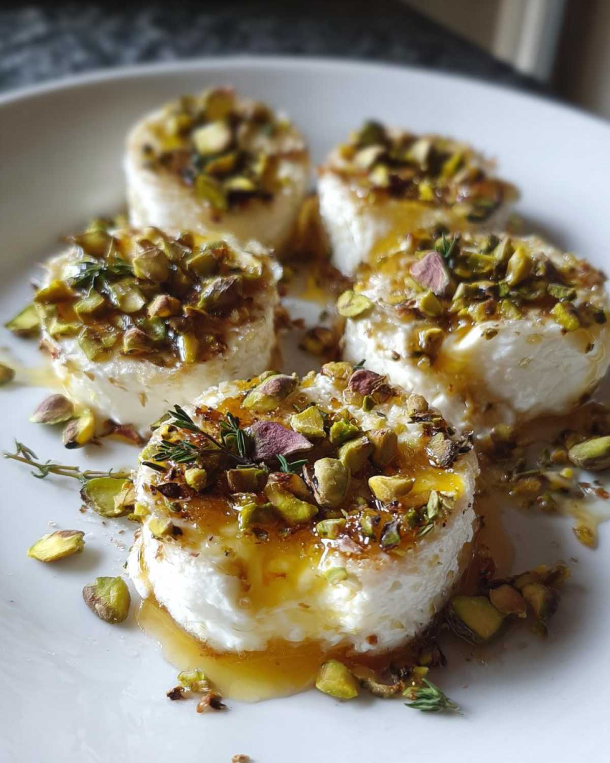 Close-up of four goat cheese and honey bites topped with chopped pistachios and thyme.