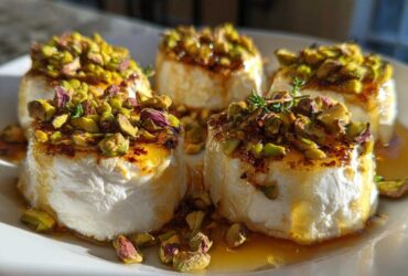 Four servings of warm goat cheese and honey bites topped with chopped pistachios and fresh thyme.