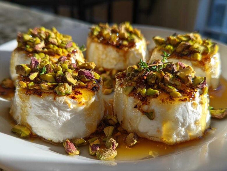Four servings of warm goat cheese and honey bites topped with chopped pistachios and fresh thyme.