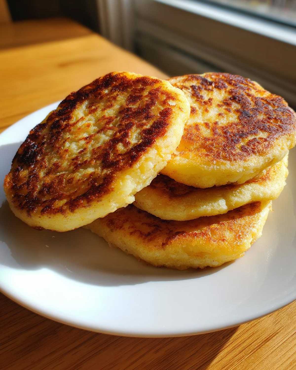 A stack of four golden brown, freshly pan-fried Irish potato farls resting on a white plate.