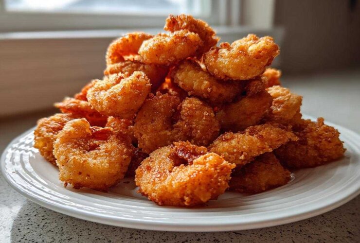 A large pile of perfectly golden brown fried shrimp stacked high on a white plate.