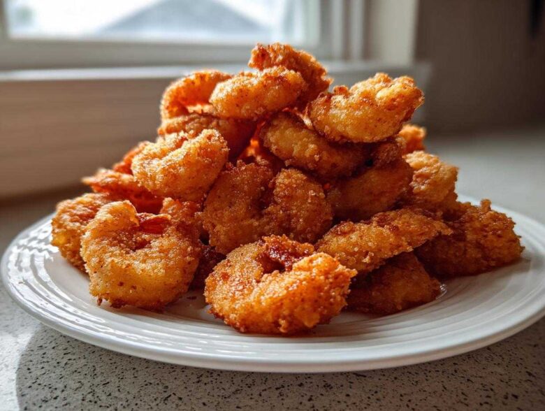 A large pile of perfectly golden brown fried shrimp stacked high on a white plate.