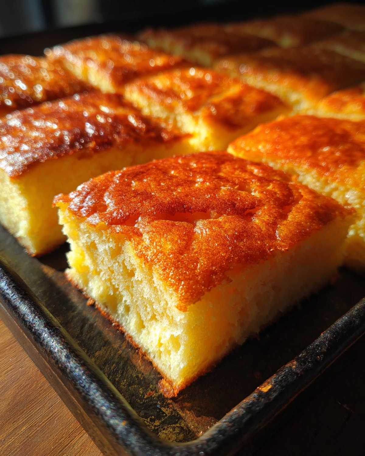 Close-up of golden brown, fluffy sheet pan pancakes cut into squares on a dark baking tray.