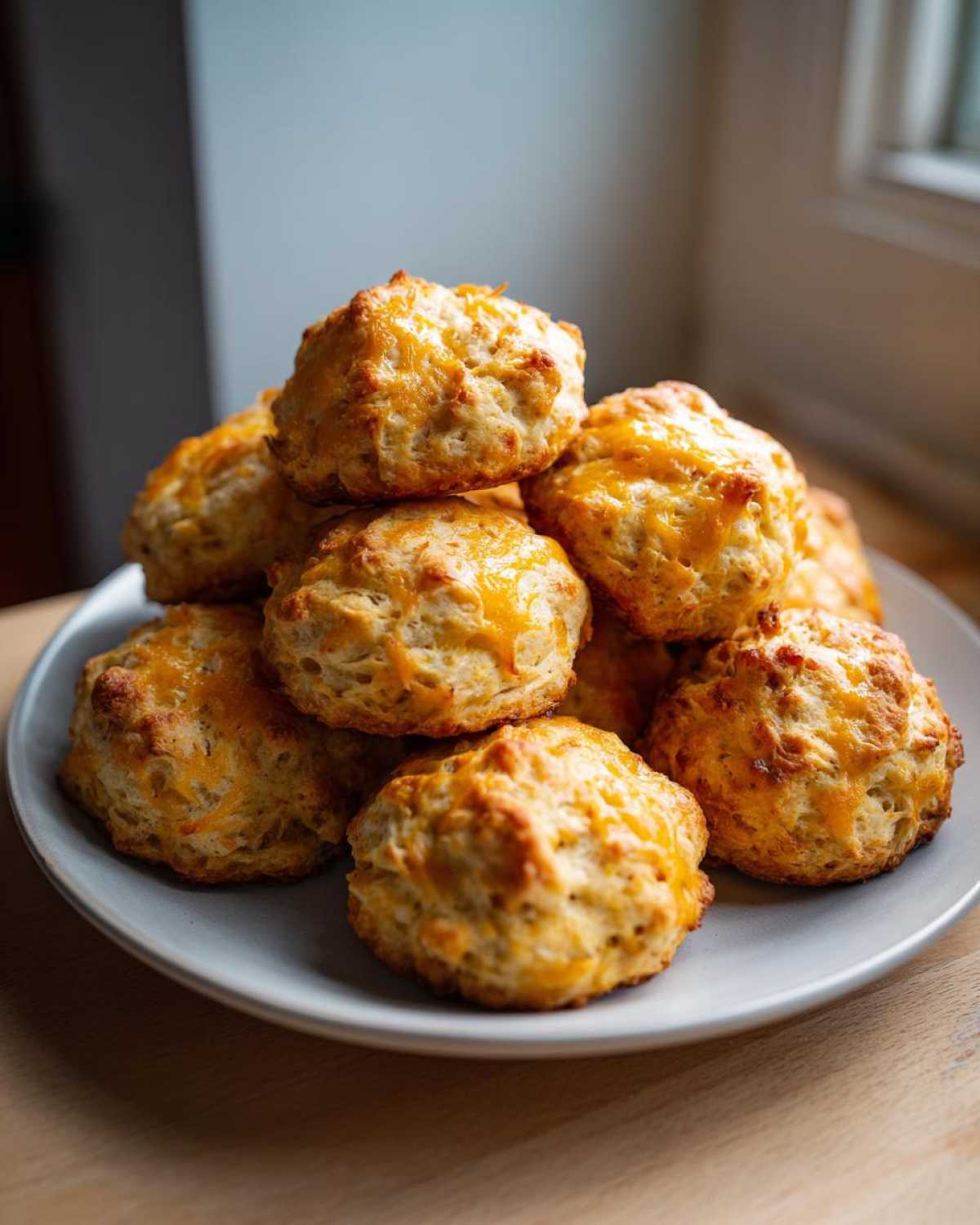 A stack of golden brown, cheesy bisquick sausage balls piled high on a light gray plate.
