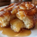 A close-up of a warm, soft apple dumpling broken open, smothered in rich caramel sauce.