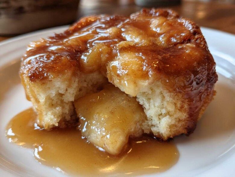 A close-up of a warm, soft apple dumpling broken open, smothered in rich caramel sauce.