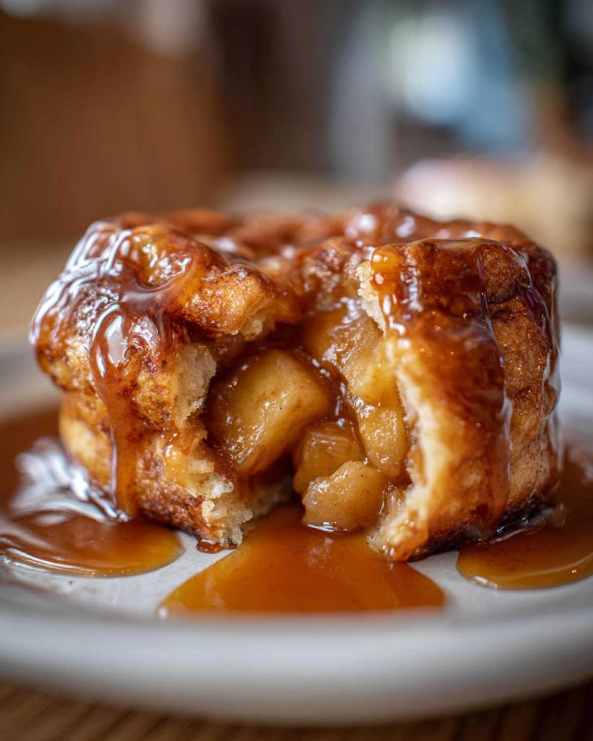 Close-up of a warm apple dumpling cut open, revealing spiced apple filling and drizzled generously with caramel sauce.