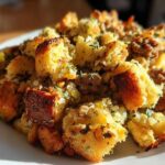 A close-up, golden-brown serving of Grandma's classic stuffing, featuring toasted bread cubes, herbs, and savory bits.