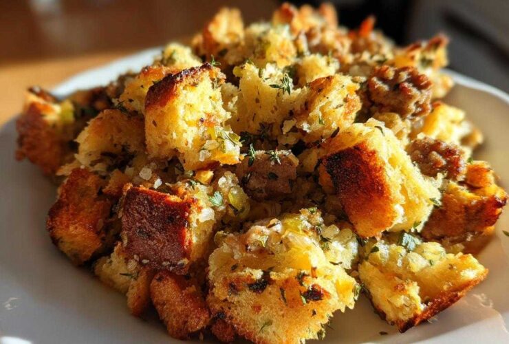 A close-up, golden-brown serving of Grandma's classic stuffing, featuring toasted bread cubes, herbs, and savory bits.