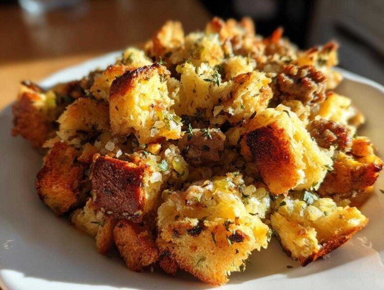 A close-up, golden-brown serving of Grandma's classic stuffing, featuring toasted bread cubes, herbs, and savory bits.