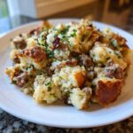 A close-up of Grandma's sausage stuffing served on a white plate, garnished with fresh parsley.