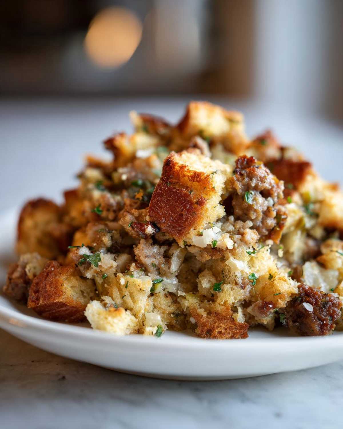 Close-up of Grandma's sausage stuffing served on a white plate, featuring toasted bread cubes and herbs.