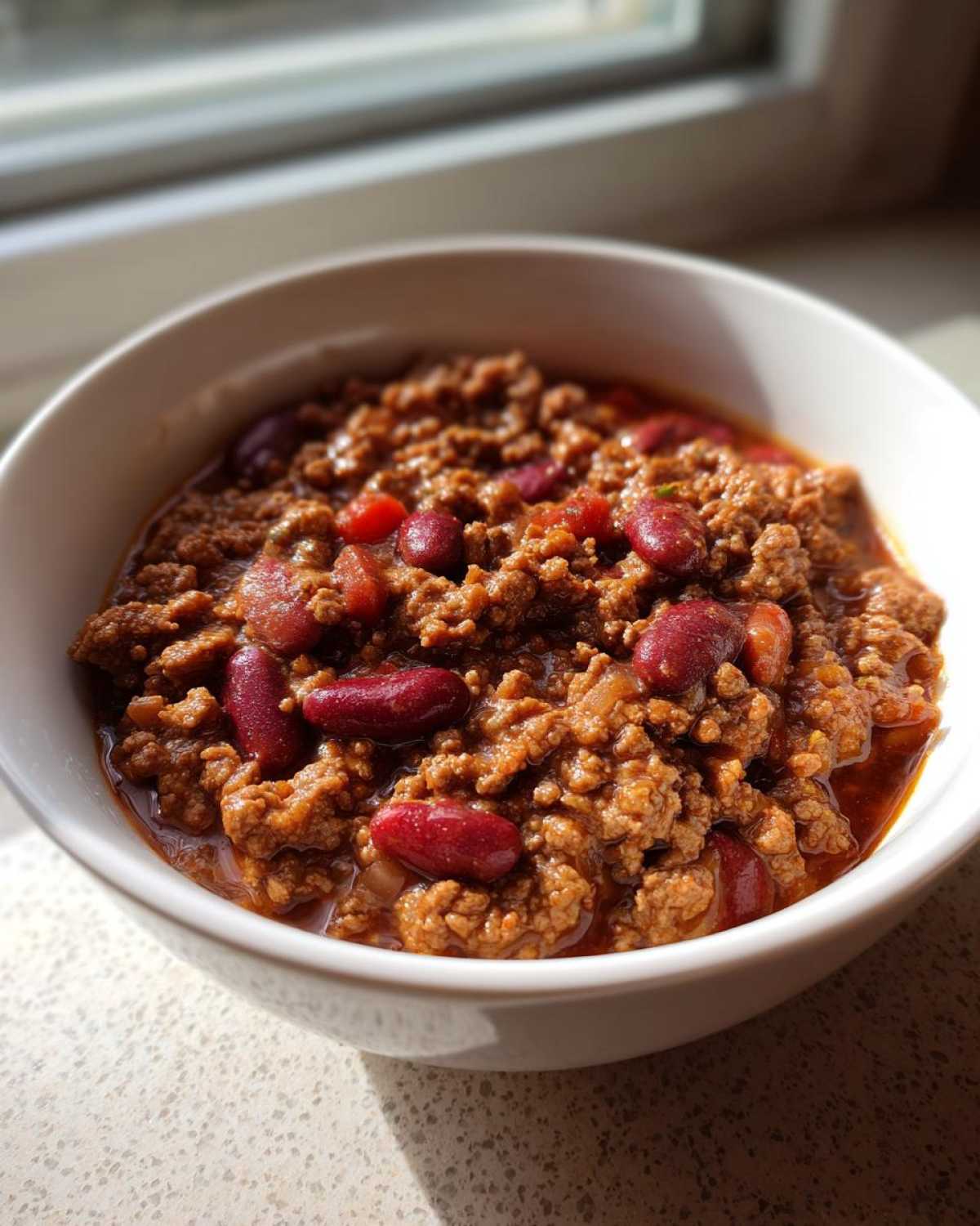 Close-up of a white bowl filled with rich, meaty chili featuring kidney beans, perfect for a quick dinner.
