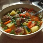 A close-up of a bowl filled with rich broth, meatballs, carrots, potatoes, and zucchini in albondigas soup.
