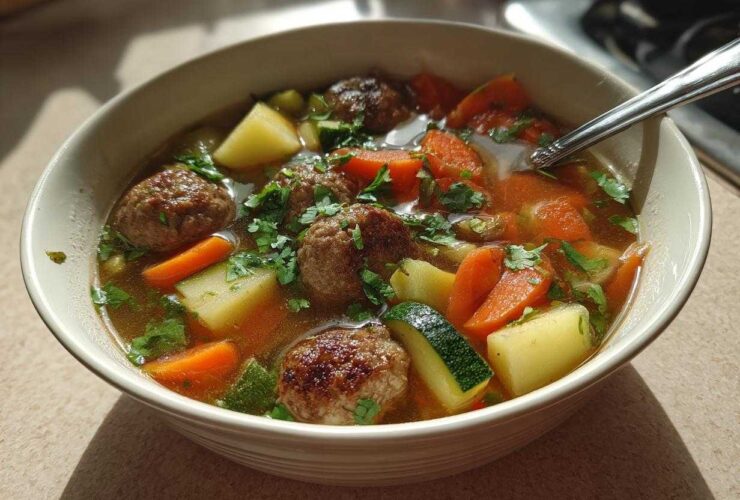 A close-up of a bowl filled with rich broth, meatballs, carrots, potatoes, and zucchini in albondigas soup.