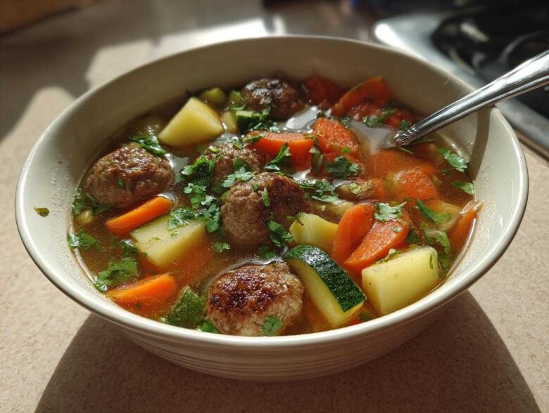 A close-up of a bowl filled with rich broth, meatballs, carrots, potatoes, and zucchini in albondigas soup.