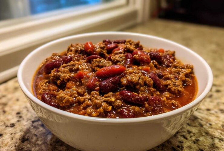 Close-up of a white bowl filled with rich, hearty high protein chili featuring ground meat and dark red kidney beans.