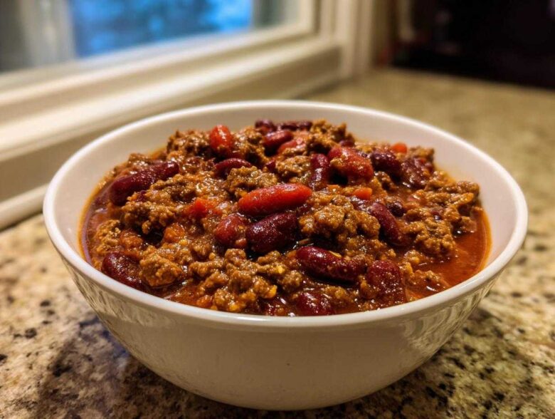 Close-up of a white bowl filled with rich, hearty high protein chili featuring ground meat and dark red kidney beans.