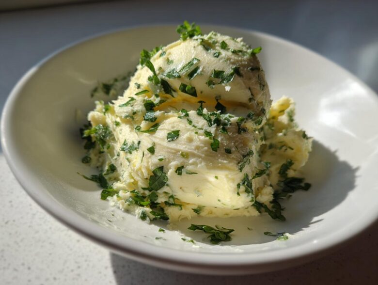 A scoop of homemade garlic butter mixed with chopped green herbs, likely parsley, served in a white bowl.