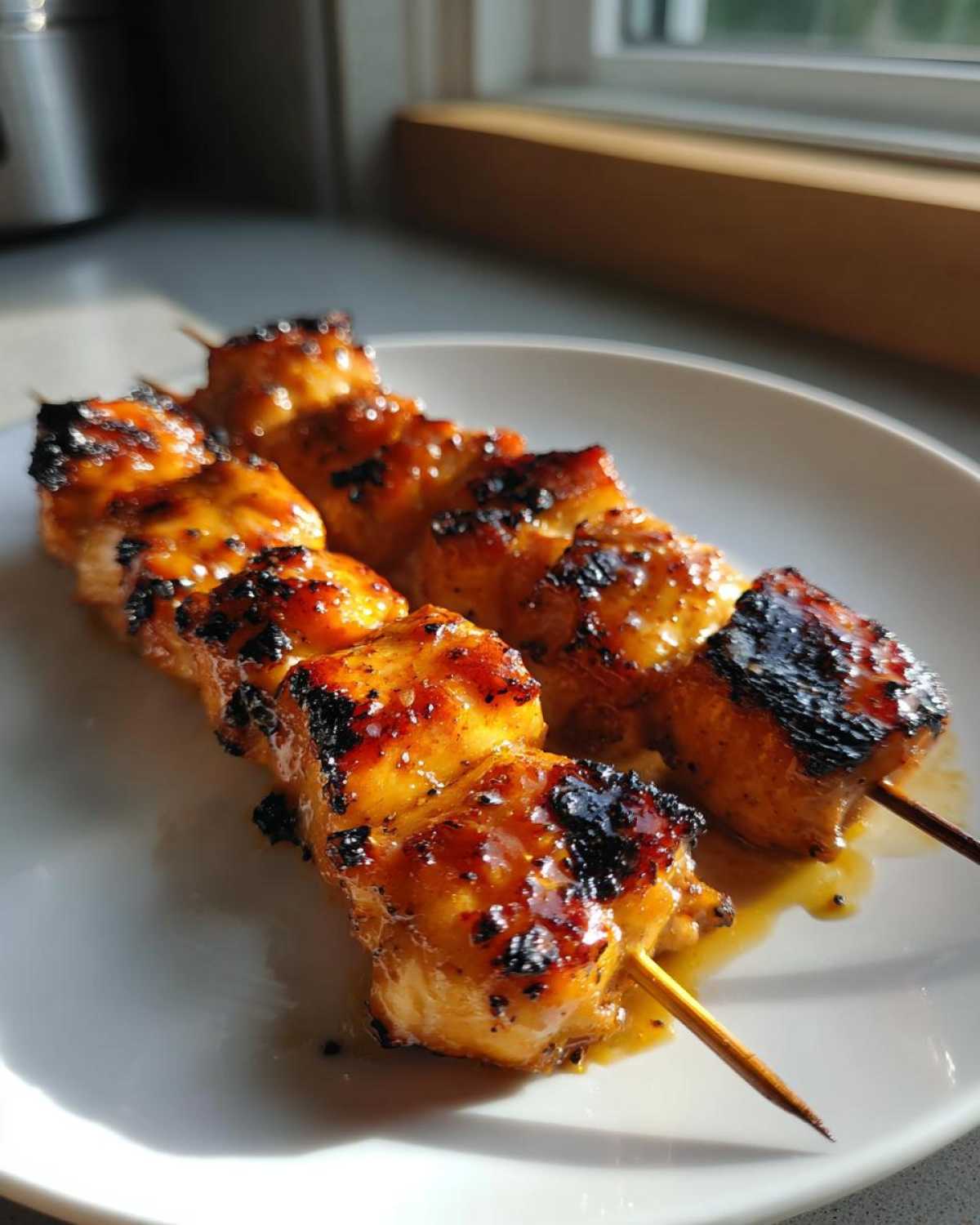 Two skewers of perfectly grilled, glazed honey garlic chicken skewers resting on a white plate.