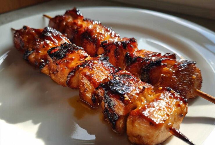 Two skewers of perfectly grilled, glazed honey garlic chicken skewers resting on a white plate.