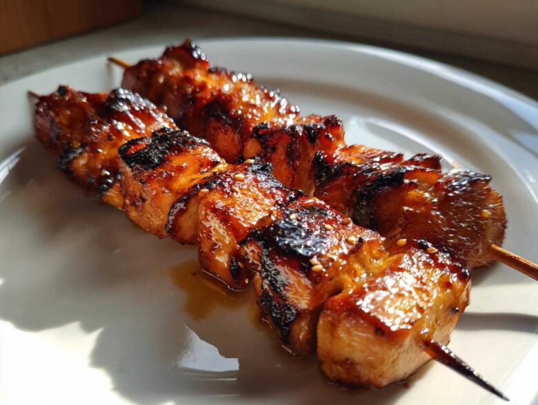 Two skewers of perfectly grilled, glazed honey garlic chicken skewers resting on a white plate.