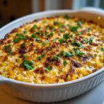 Close-up of hot, cheesy mexican street corn dip baked golden brown and topped with cilantro.