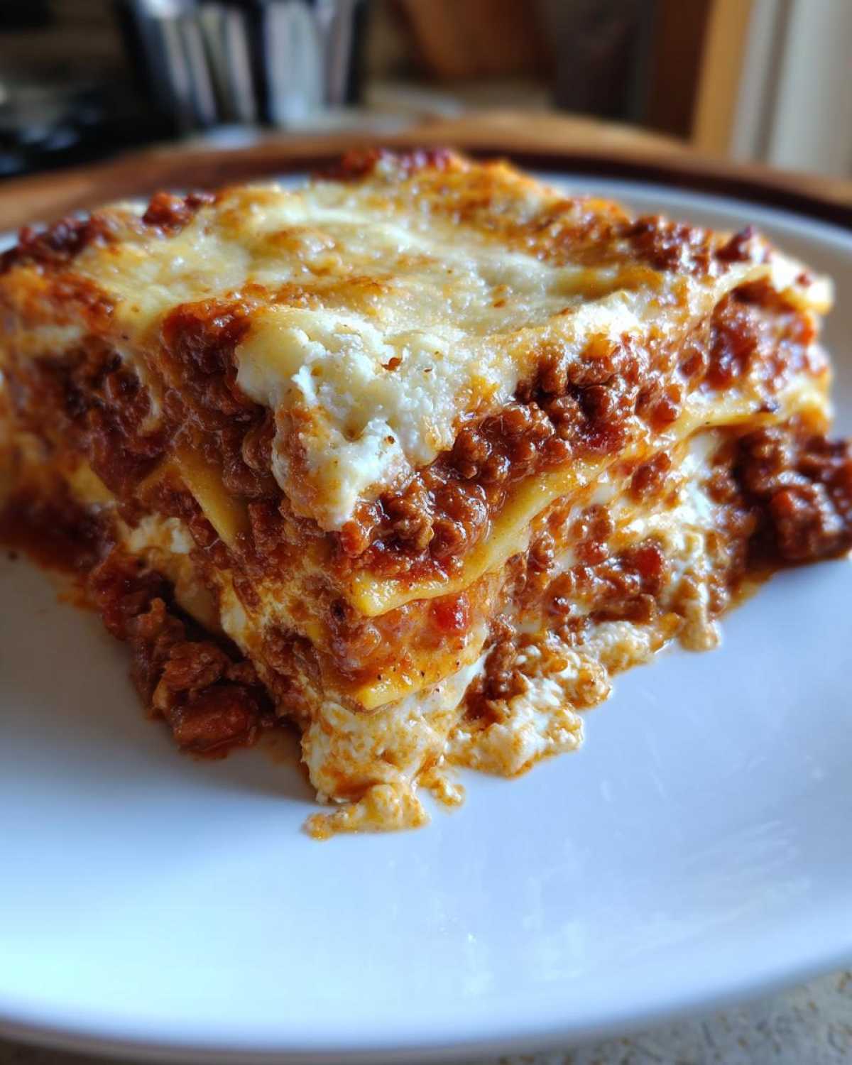 Close-up of a perfectly layered slice of instant pot lasagna with rich meat sauce and melted cheese.