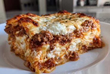 Close-up of a thick, cheesy slice of instant pot lasagna showing layers of meat sauce and ricotta cheese.