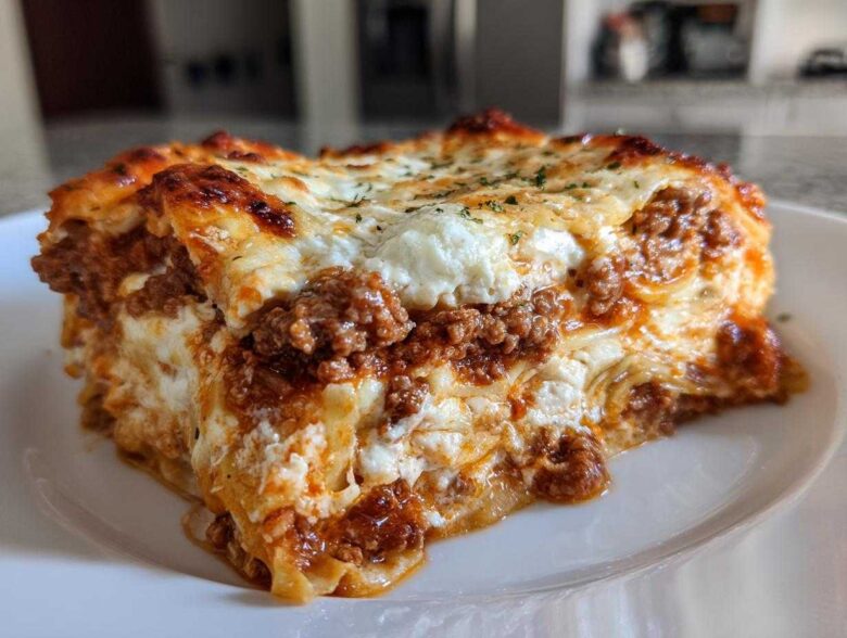 Close-up of a thick, cheesy slice of instant pot lasagna showing layers of meat sauce and ricotta cheese.