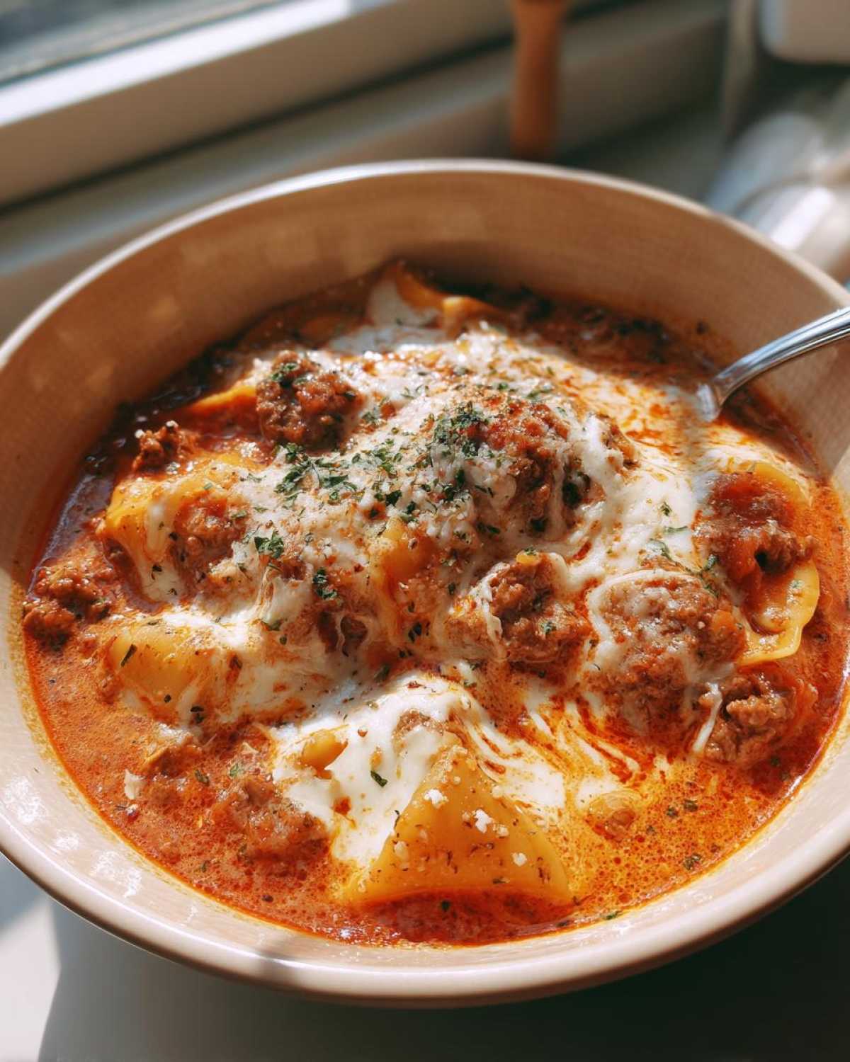Close-up of a warm bowl of instant pot lasagna soup topped with melted cheese, meat sauce, and parsley.